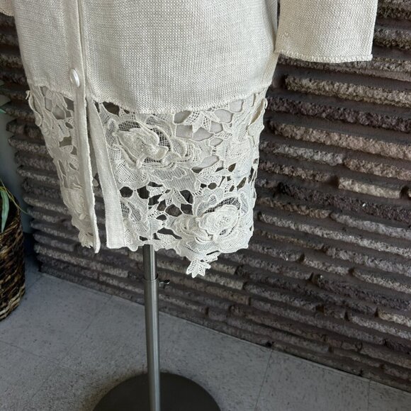 Monoreno Beige Cream Lace Hem Linen Blend Tunic Length Cardigan Sweater - Picture 8 of 9
